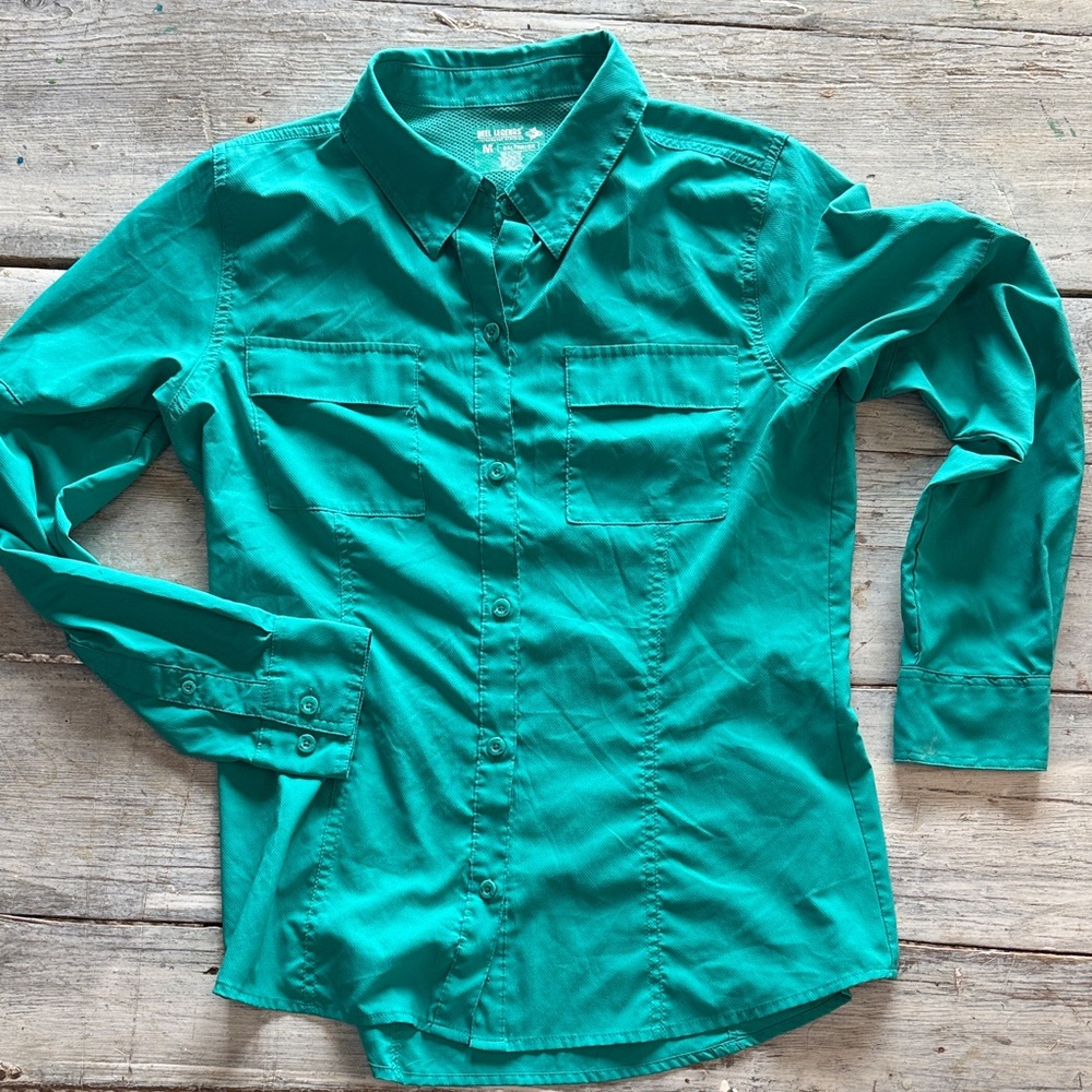Teal Button-Up Real Legends saltwater performance fishing/sun shirt